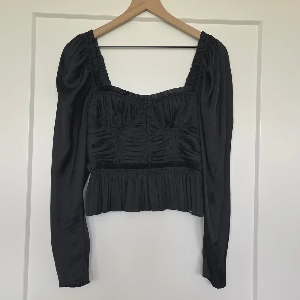 Ulla Johnson Mia Blouse Sz 0 Black Plisse Satin Bustier Puff Sleeve Pleated Sexy